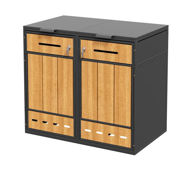 Coffre Cache Poubelles 2 Bacs, 2x120 à 240 L, Ventilé Verrouillable, Acier, Gris Et Bois