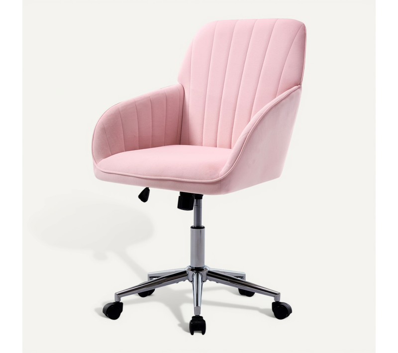 Chaise De Bureau Pivotante, Hauteur Réglable, Ergonomique, Velours, Couleur Rose Et Argenté