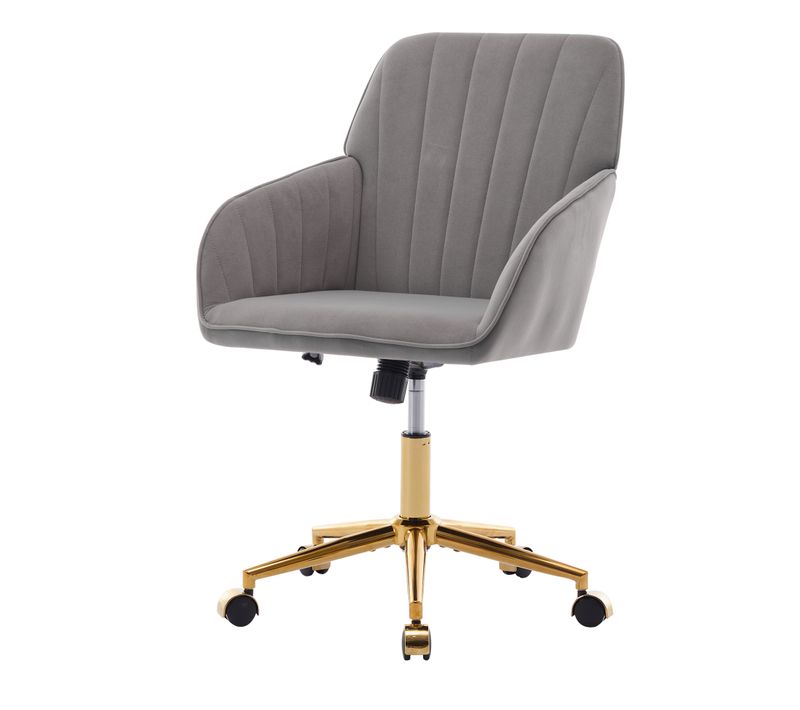 Chaise De Bureau Pivotante, Hauteur Réglable, Ergonomique, Velours, Couleur Gris Et Doré