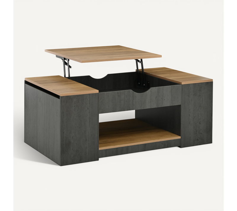 Table Basse Relevable 109,5x59,7x43/57,4 Cm, Rangement Intégré, étagère Ouverte, Mdf Gris Et Bois