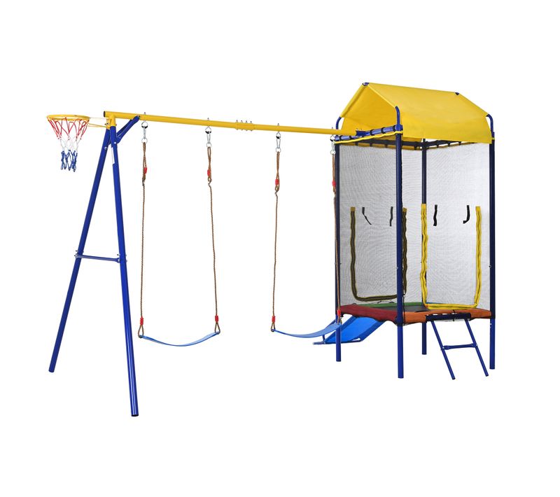Aire De Jeux 4 En 1, Trampoline Avec Filet, Double Balançoire Et Toboggan, Fer, Multicolore