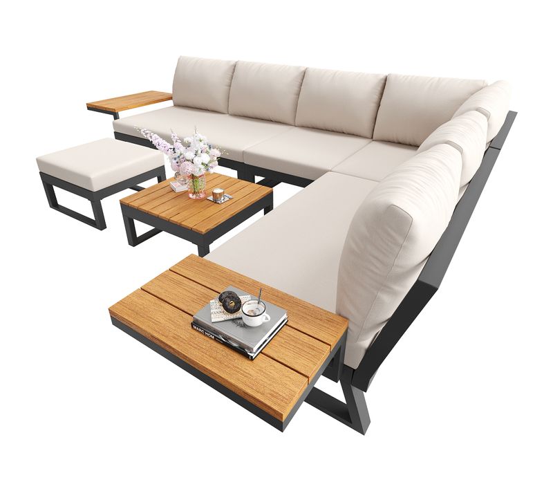 Salon De Jardin 7 Places, Modulable, Structure En Fer, Plateau Wpc, Coussins 10 Cm, Beige+bois