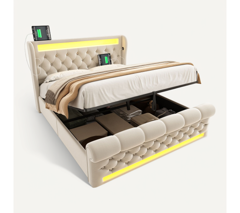 Lit Coffre 140x190 Cm, LED Et Ports USB C, Rangement Caché, Velours, Métal, Bois, Beige