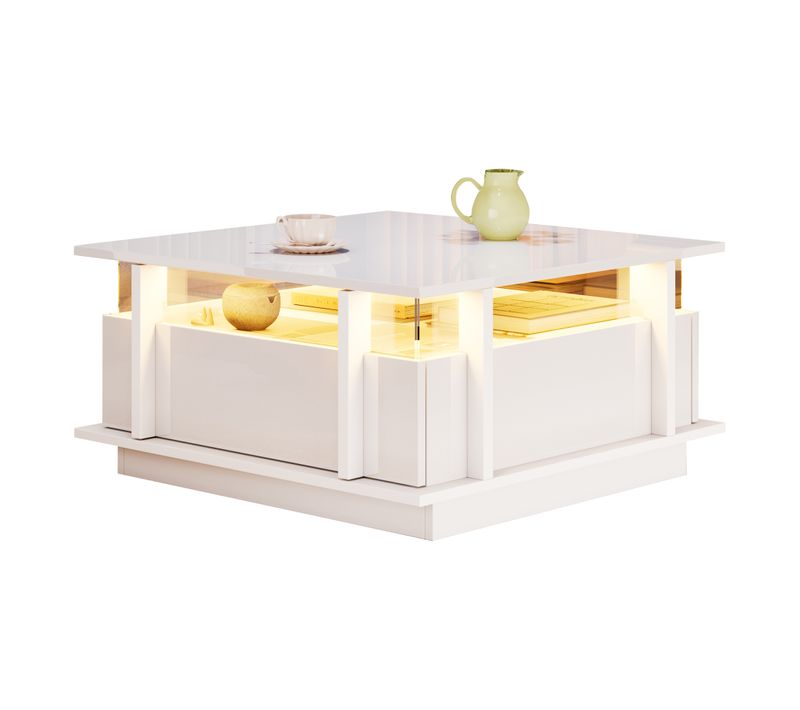 Table Basse Carrée 70x70x35 Cm, 2 Tiroirs Avec LED, Panneau Acrylique Transparent, Bois, Blanc