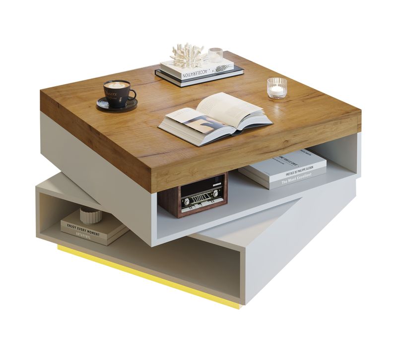 Table Basse Carrée 65x65x40 Cm, Plateau Pivotant 360, LED, 2 Niches, Mdf, Blanc+bois