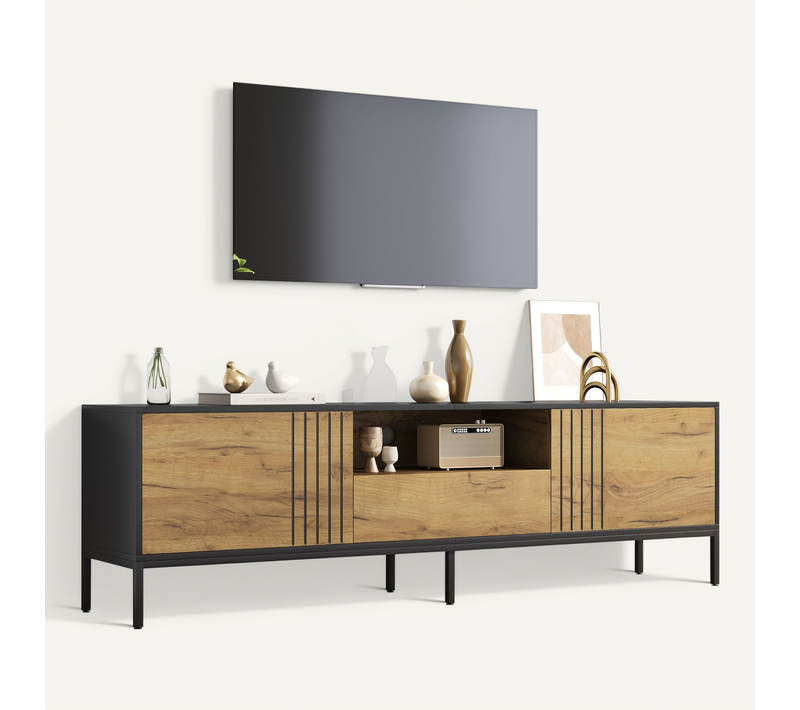 Meuble TV 170x35x50 Cm, 2 Portes, 1 Tiroir, Panneau De Particules, Couleur Bois+noir