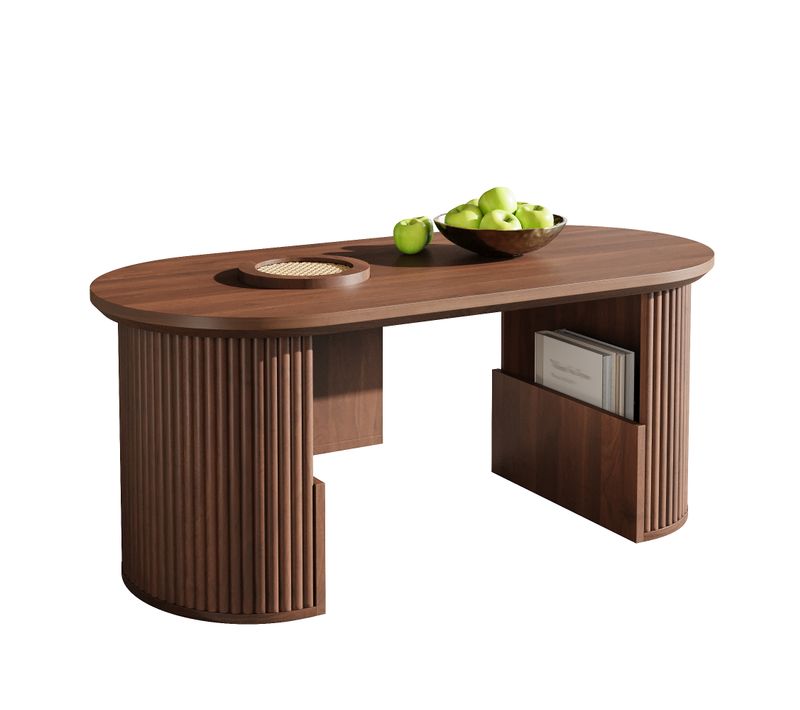Table Basse Ovale 105x50x46,5 Cm, Rangements Intégrés, Mdf, Couleur Marron
