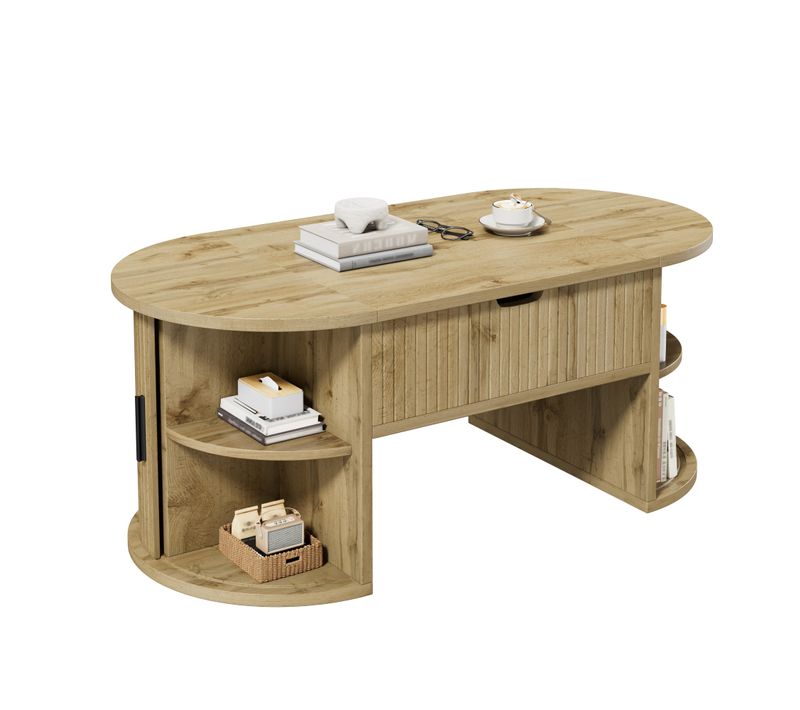 Table Basse Relevable 100x50x40,5 Cm, Rangement Portes Coulissantes, Mdf, Couleur Bois