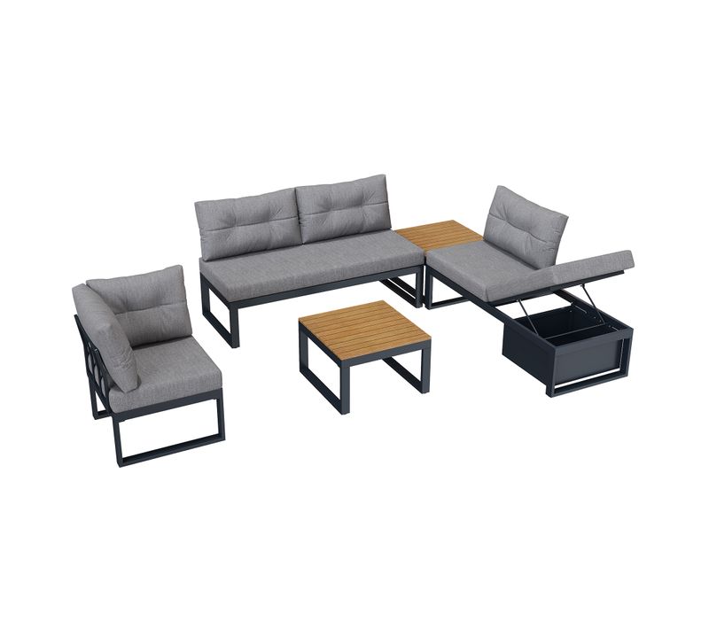 Salon De Jardin Modulable 191,5x191,5x79 Cm, 5 Places, Dossier 3 Positions, Polyester, Fer, Gris