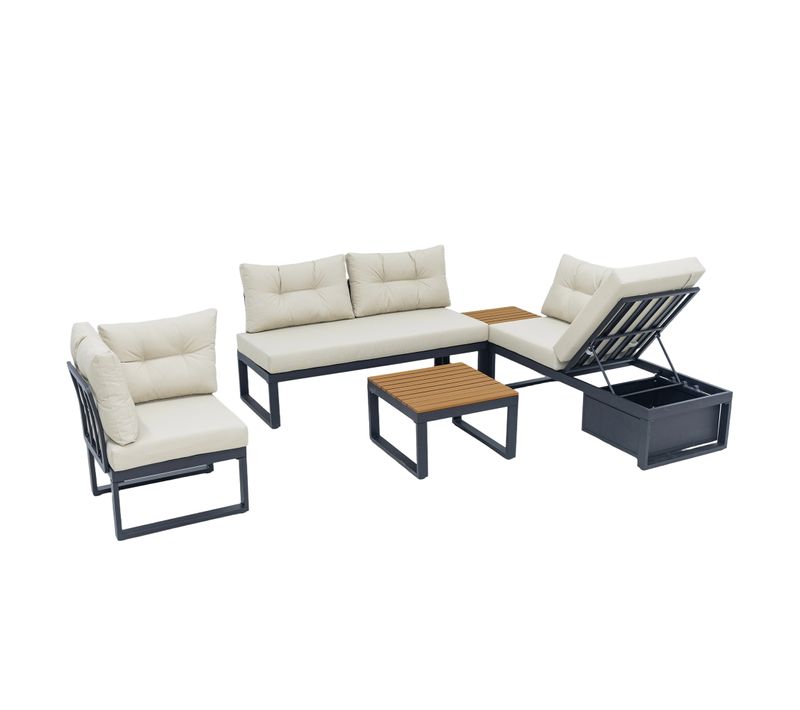 Salon De Jardin 191,5x191,5x79 Cm, Dossier Réglable 3 Positions, Fer, Polyester, Beige+bois