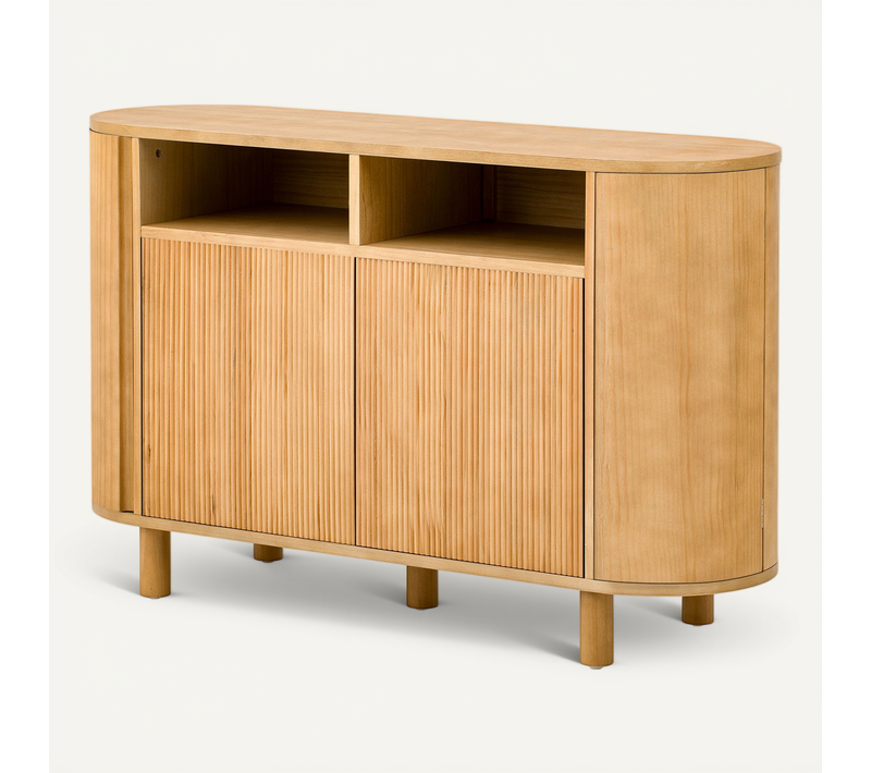 Buffet Bas 120x38x77 Cm, 4 Portes Et 2 Niches, Mdf, Couleur Naturel, Pieds Réglables, Relief 3d