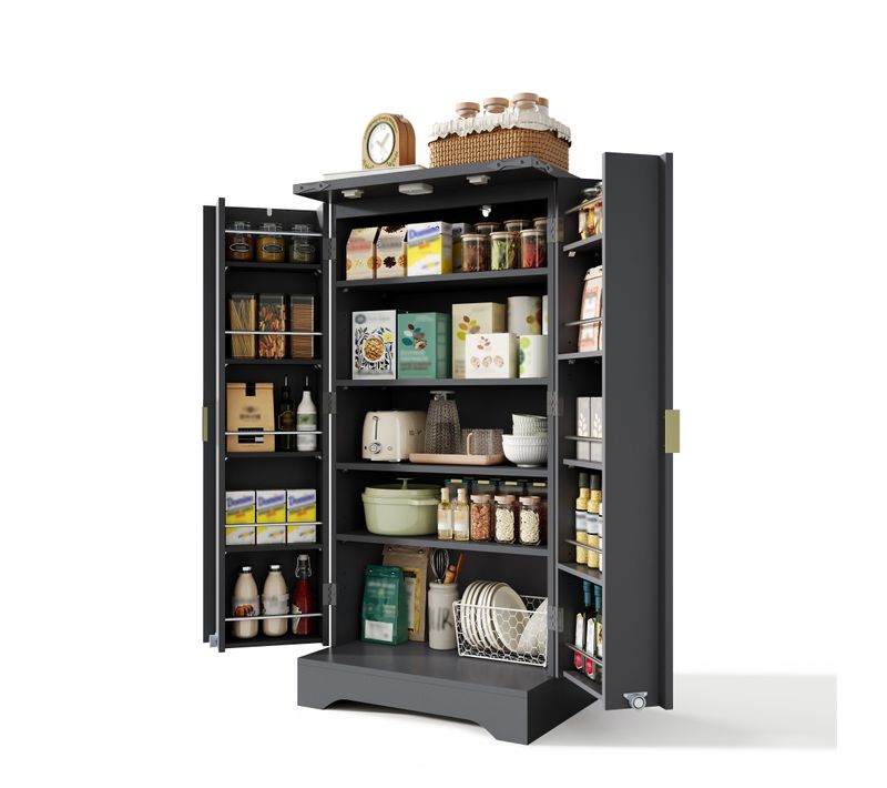 Buffet De Cuisine 60.5x40x120 Cm, LED à Capteur, Portes Rainurées, Mdf, Couleur Noir