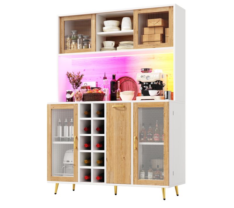 Buffet De Cuisine 120x40x170 Cm, LED Et Prise, Range-bouteilles, Mdf, Blanc Et Décor Bois