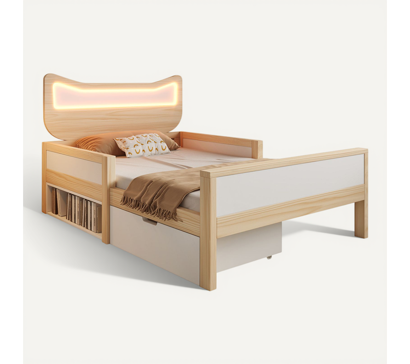 Lit Enfant 90x200 Cm, Lit Simple, Tête Chat Avec LED Rgb, 1 Tiroir, 1 Niche, Bois, Mdf, Blanc+bois