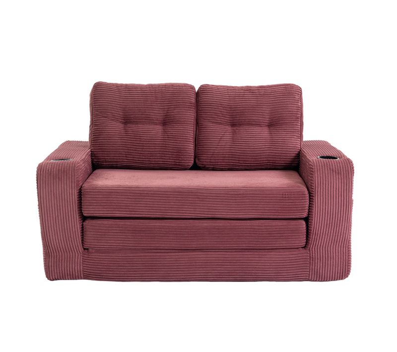 Canapé Compressé 2 Places 135x80x82,5 Cm, Modulable Avec Porte Gobelets, Tissu Côtelé, Bordeaux