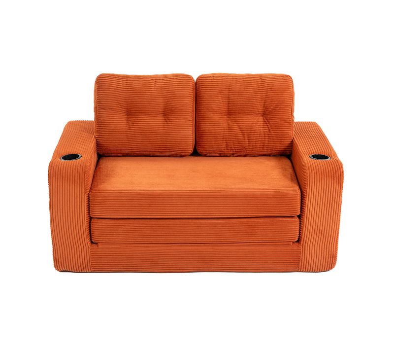 Canapé Compressé 2 Places 135x80x82,5 Cm, Modulable Avec Porte Gobelets, Tissu Côtelé, Orange