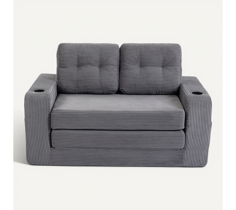 Canapé Compressé 2 Places 135x80x82,5 Cm, Modulable Avec Porte Gobelets, Tissu Côtelé, Gris Foncé
