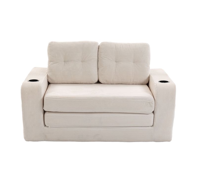 Canapé Compressé Modulable 2 Places 135x80x82,5 Cm, Poches Latérales, Tissu Côtelé, Beige