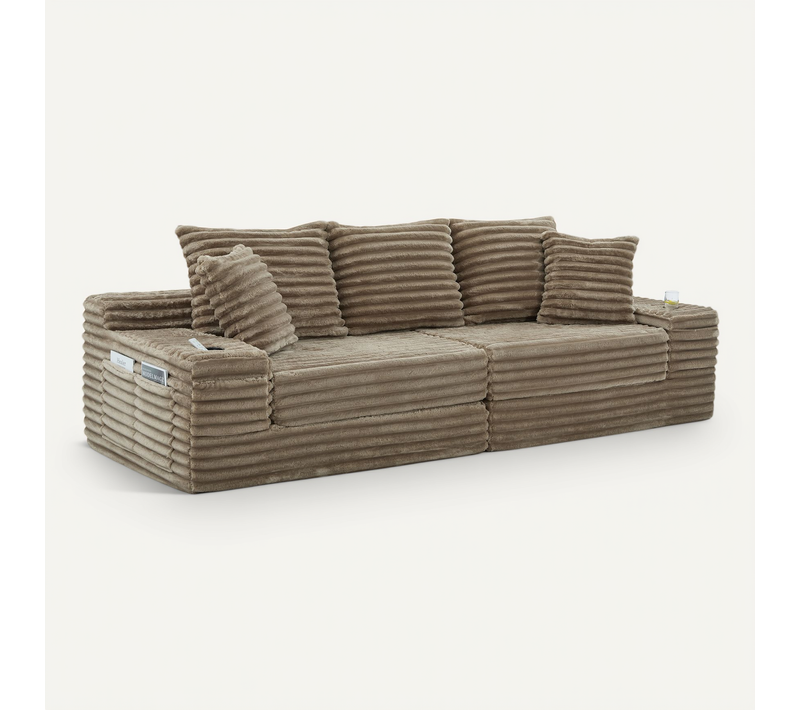 Canapé Compressé 273x98x87 Cm, Poche Latérale, Mousse, Velours Côtelé, Kaki