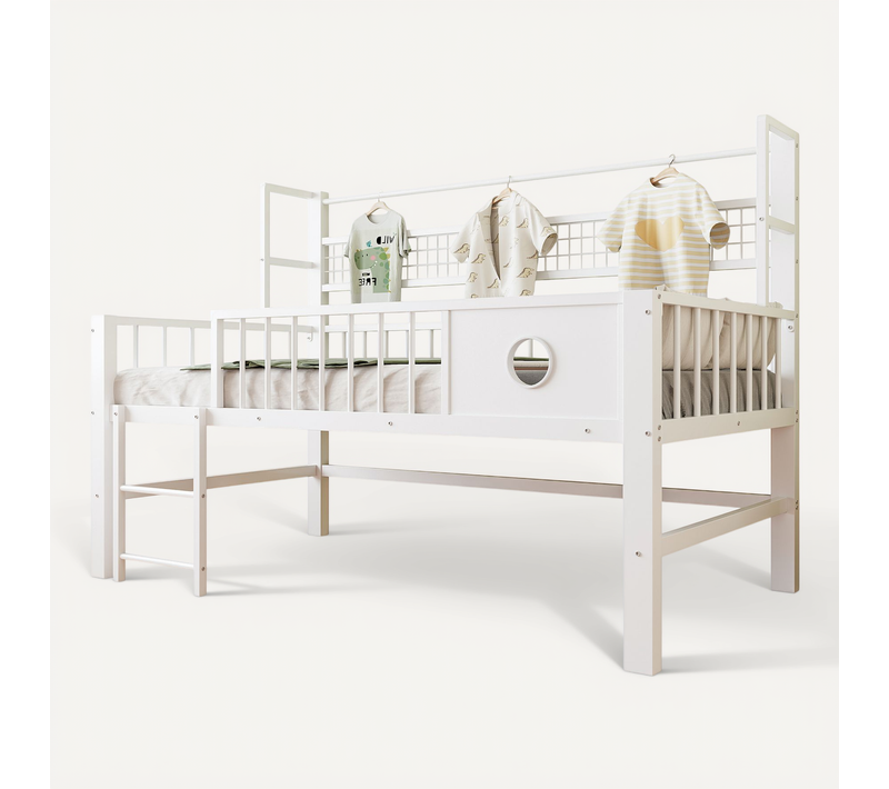 Lit Mi-haut 90x200 Cm, Lit Enfant Bas, Penderie, Garde Corps Hauts, Métal Et Mdf, Blanc