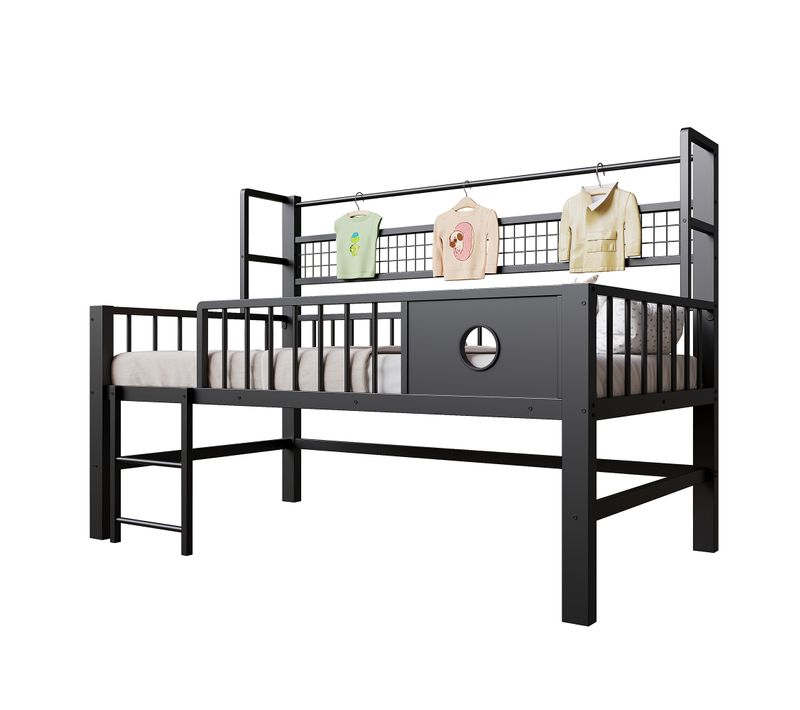 Lit Mi-haut Enfant 90x200 Cm, Lit Simple, Penderie, Barrière De Sécurité, Métal Et Mdf, Noir