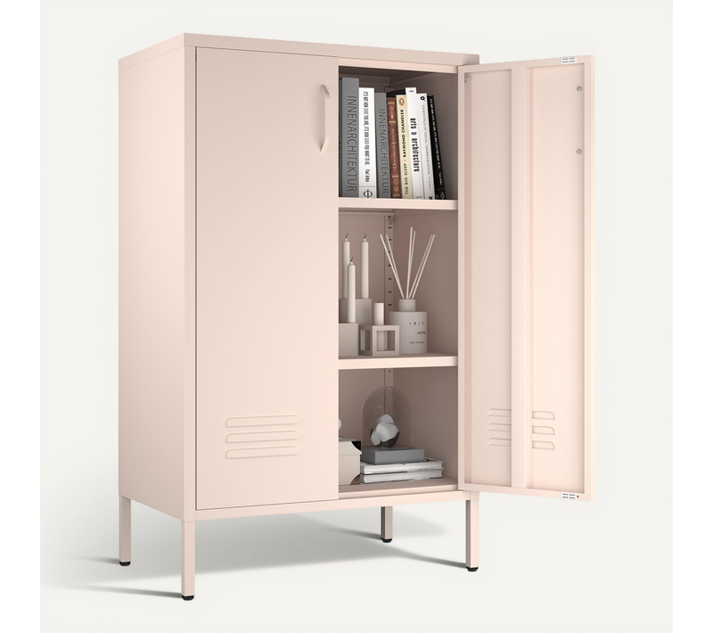 Buffet Bas De Rangement Avec 2 Portes, 65x35x106.5 Cm, Étagères Réglables, Métal, Couleur Rose