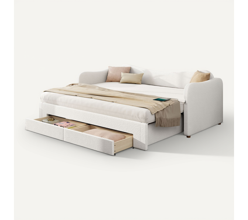 Lit Gigogne 90x200 Cm, Extensible 180x200, 2 En 1, 2 Tiroirs De Rangement, Tissu Bouclé, Beige