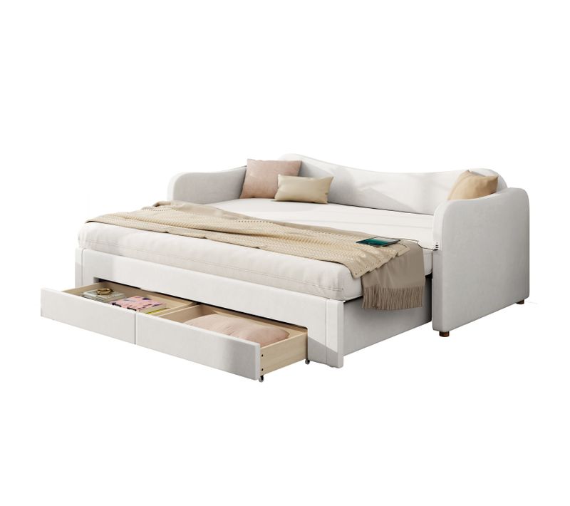 Lit Gigogne 90x200 Cm, Extensible 180x200 Cm, 2 Tiroirs Sous Le Lit, Velours, Couleur Beige