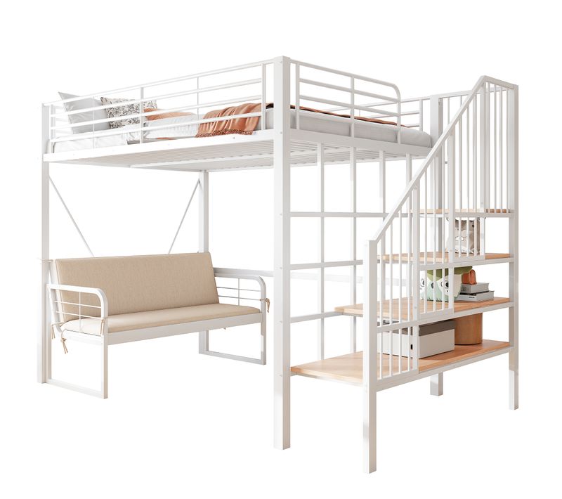 Lit Mezzanine Avec Canapé 140x200 Cm, Escalier De Rangement, Métal Et Mdf, Couleur Blanc+bois