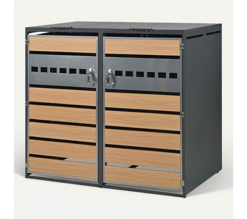 Cache Poubelles Double 132x80x118.5 Cm, 2 Compartiments, Couvercle Hydraulique, Acier, Gris Et Bois
