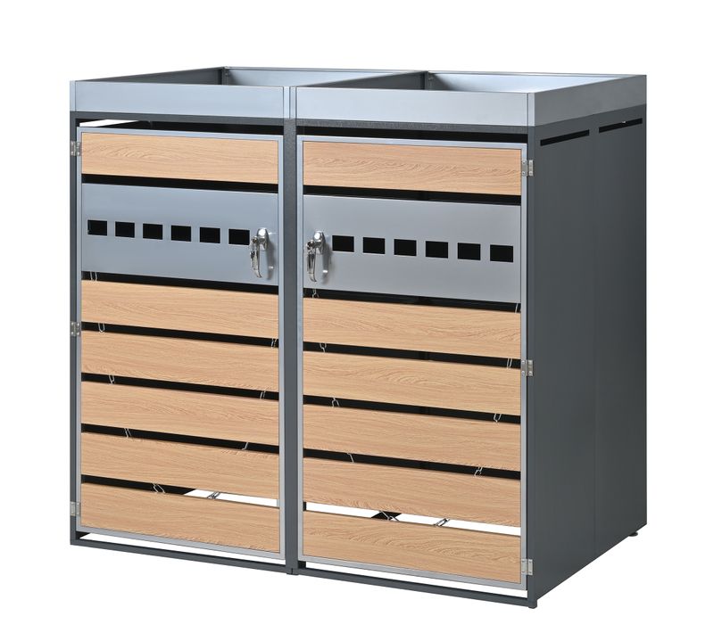 Coffre Poubelles 2 Bacs 132x80x124.5 Cm, Avec Jardiniere, Acier Galvanise, Gris Et Effet Bois