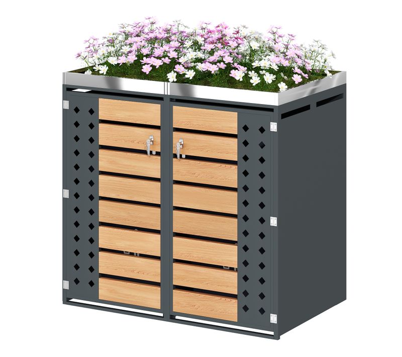 Coffre Poubelles Double, 2 Portes Battantes, Bac à Fleurs Intégré, Acier, Gris Et Effet Bois