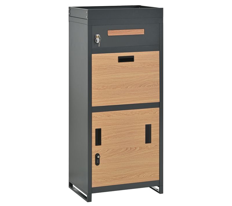 Boite Aux Lettres Sur Pied, Grande Capacité, 2 Portes Battantes, Acier, Couleur Gris Et Décor Bois