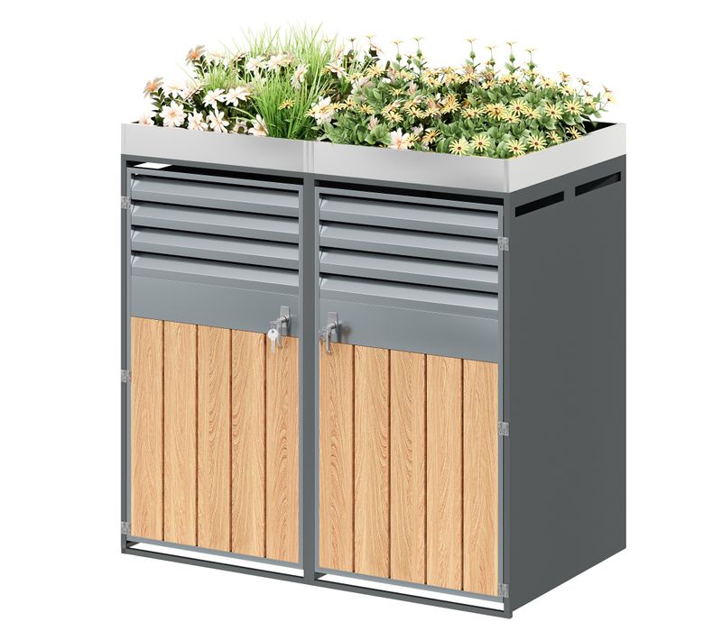 Coffre Cache Poubelles Extérieur 132x80x124.5cm, 2 Portes Verrouillables, Acier Galvanisé, Gris+bois