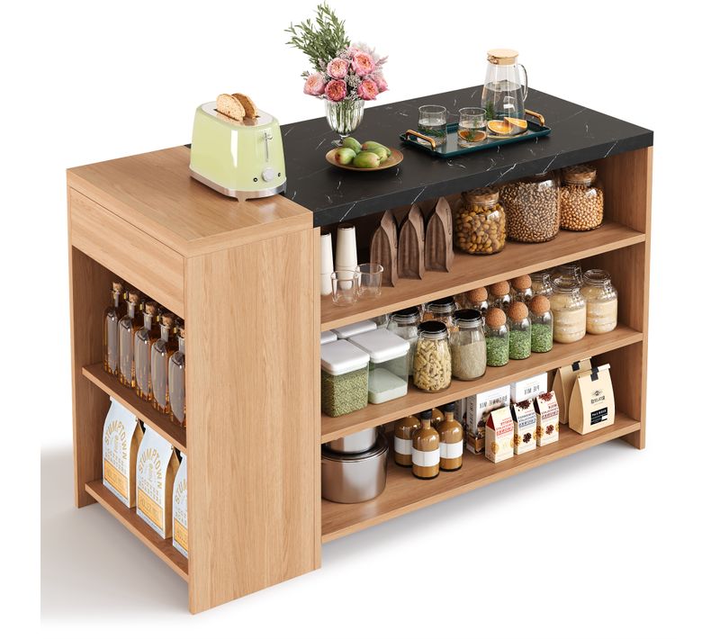 Îlot De Cuisine 140x60x90 Cm, Avec Rangements, Tiroir Caché, Mdf, Couleur Noir Et Bois