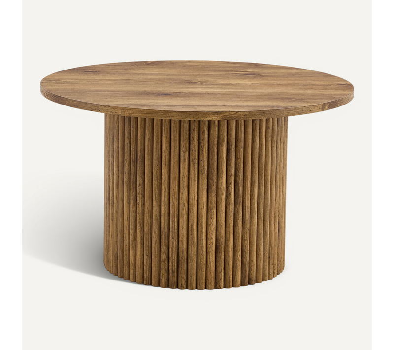 Table Basse Ronde 70 Cm, Design Rainuré Style Colonne, Mdf Et Métal, Coloris Bois, Stable Et Chic