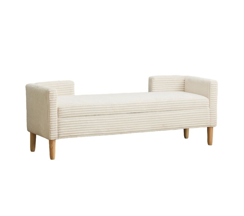 Banc Coffre Avec Accoudoirs, 152x53.5x58 Cm, Rangement, Velours Côtelé, Couleur Beige