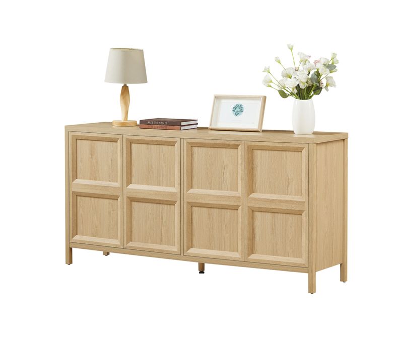 Buffet Bas 160x40x80 Cm, 4 Portes, Designe Simple, Mdf, Couleur Bois Clair