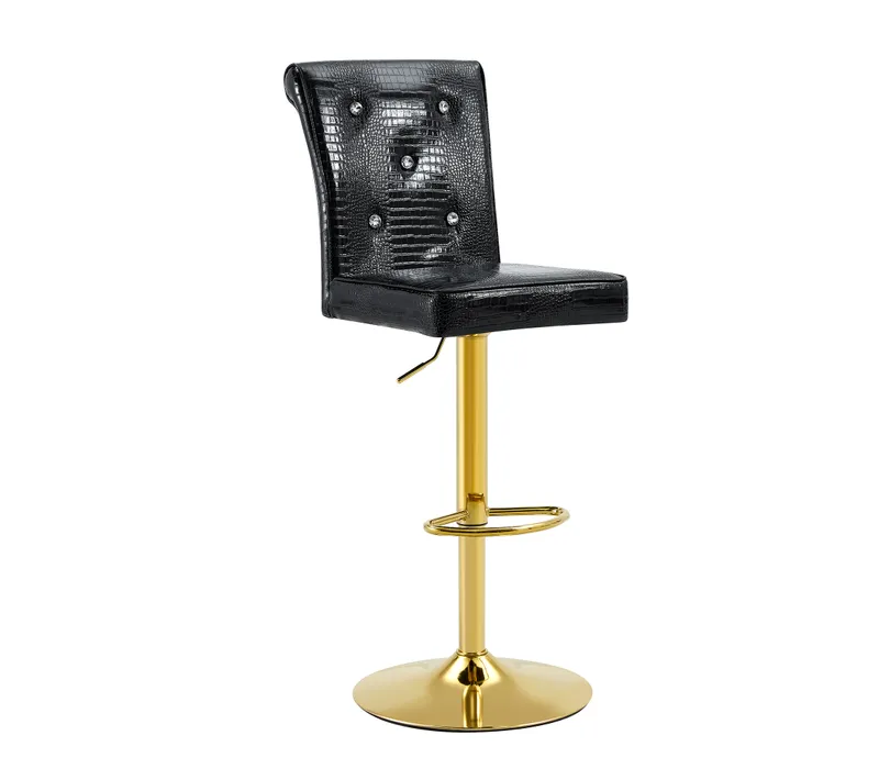 Lot De 2 Tabourets De Bar, Dossier Avec Boutons Effet Cristal, Pvc, Couleur Noir Et Doré