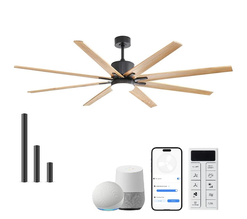Ventilateur De Plafond 193 Cm, Lumière LED Dimmable, Moteur Silencieux, Bois, Noir