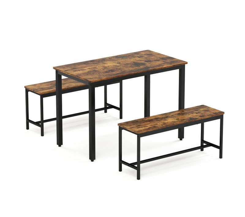 Ensemble Repas 110x60x75 Cm, 2 Bancs Gain De Place, Panneaux De Bois Acier, Couleur Brun Et Noir