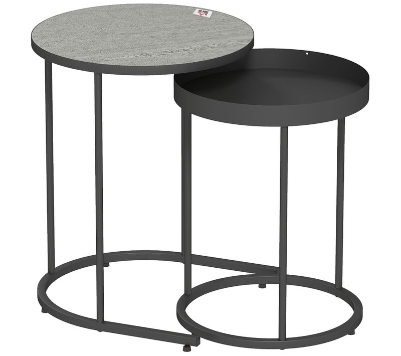Ensemble De Tables Gigognes Rondes, Design Plateau Antichute, Métal Et Mdf, Couleur Noir Et Gris
