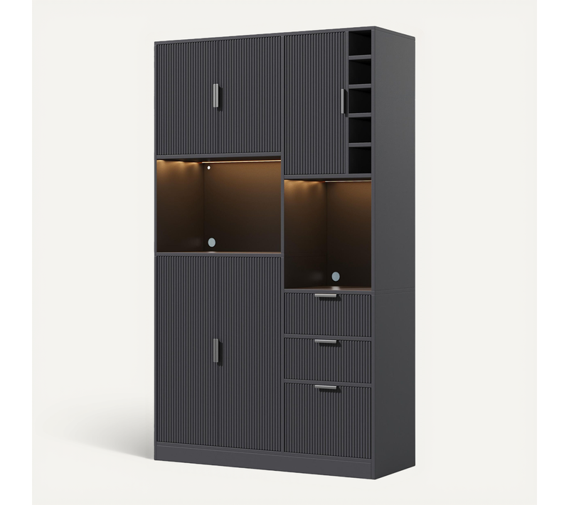 Buffet De Cuisine 105x40x180 Cm, Rangements Et Casier À Vin, LED Et Prises, Mdf, Couleur Noir