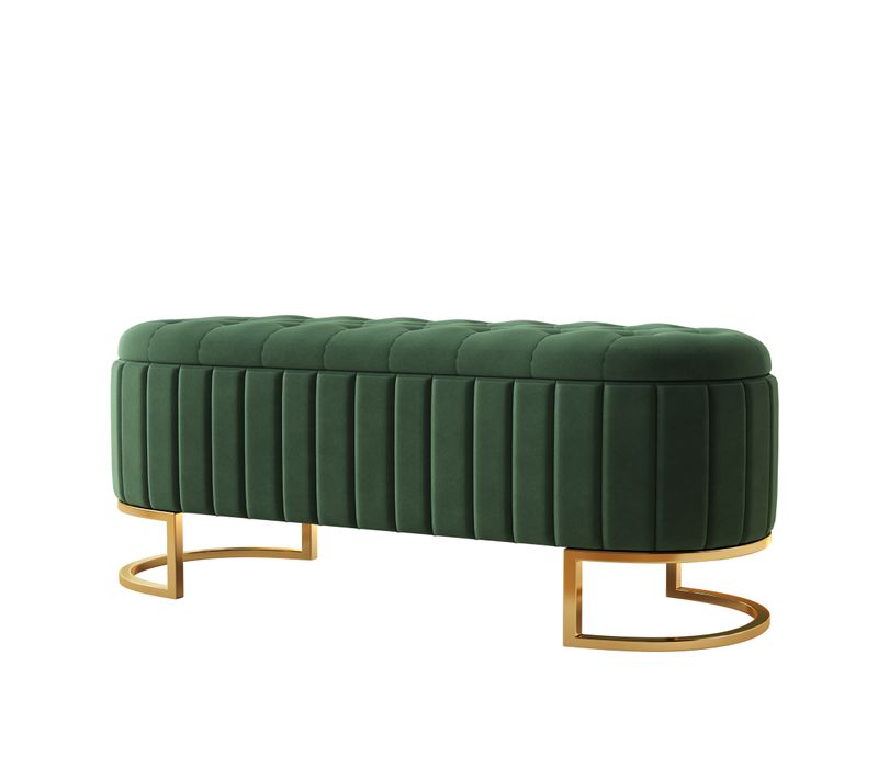 Banquette Coffre 120x39.9x43 Cm, Rangement Sous Assise, Tissu Velours, Pieds Métal, Vert