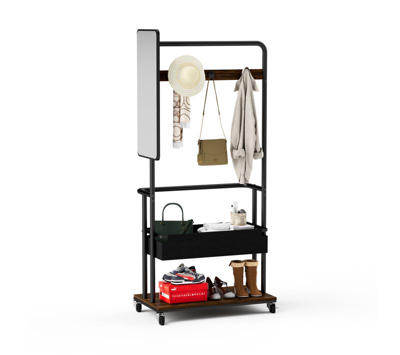Vestiaire Sur Roulettes 70x40x170 Cm, Miroir Latéral Et Panier, Acier Et Bois, Marron Et Noir