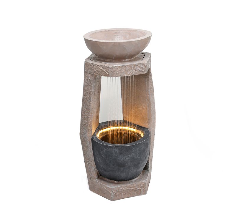 Fontaine De Jardin LED, Pompe à Eau Intégrée, Résine Aspect Pierre, Couleur Beige