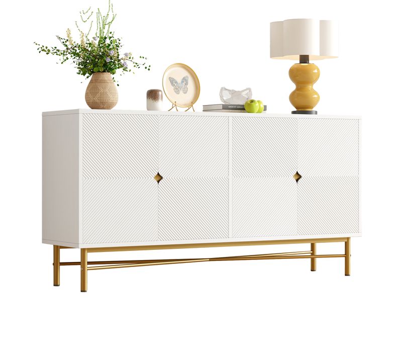Buffet 160x40x82 Cm, 4 Portes Texturées, Poignées Dorées, Mdf Et Panneaux De Particules, Blanc