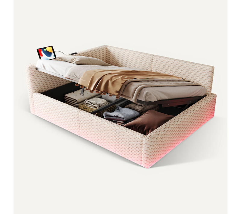 Lit Adulte Coffre 140x200 Cm, Rangement Hydraulique, LED, USB Type C, Dossier En L, Velours, Beige