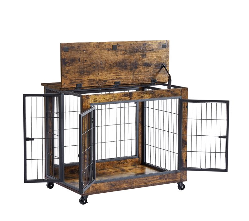 Cage Pour Chien 80x56x69,5 Cm, Toit Ouvrant Et Roulettes, Panneaux Bois Et Acier, Noir Et Brun
