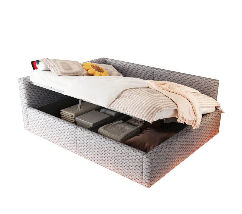 Lit Adulte Coffre 140x200 Cm, Rangement Hydraulique, LED, USB Type C, Dossier En L, Velours, Gris